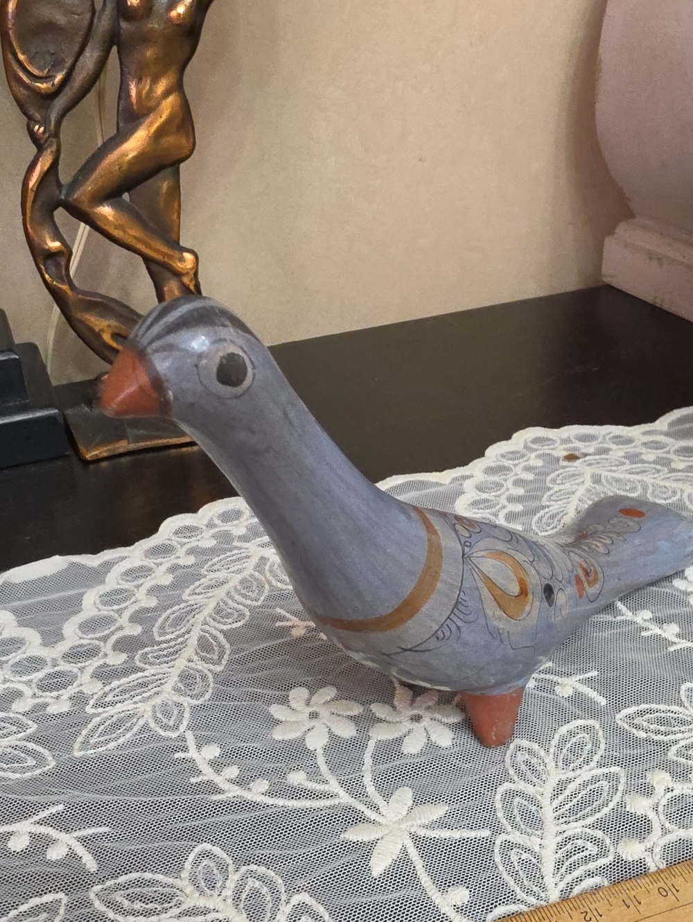 Vtg 1970 Tonala Mexico Hand-Painted Gray Pottery Bird Dove - Decorative